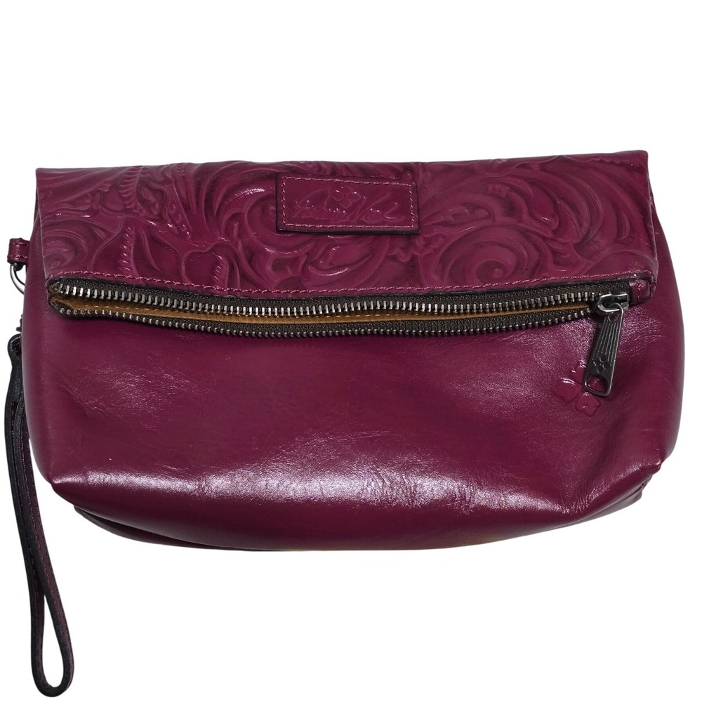 Patricia Nash Valerie Fold-over Wristlet Plum Purple Floral Embossed Leather Bag
